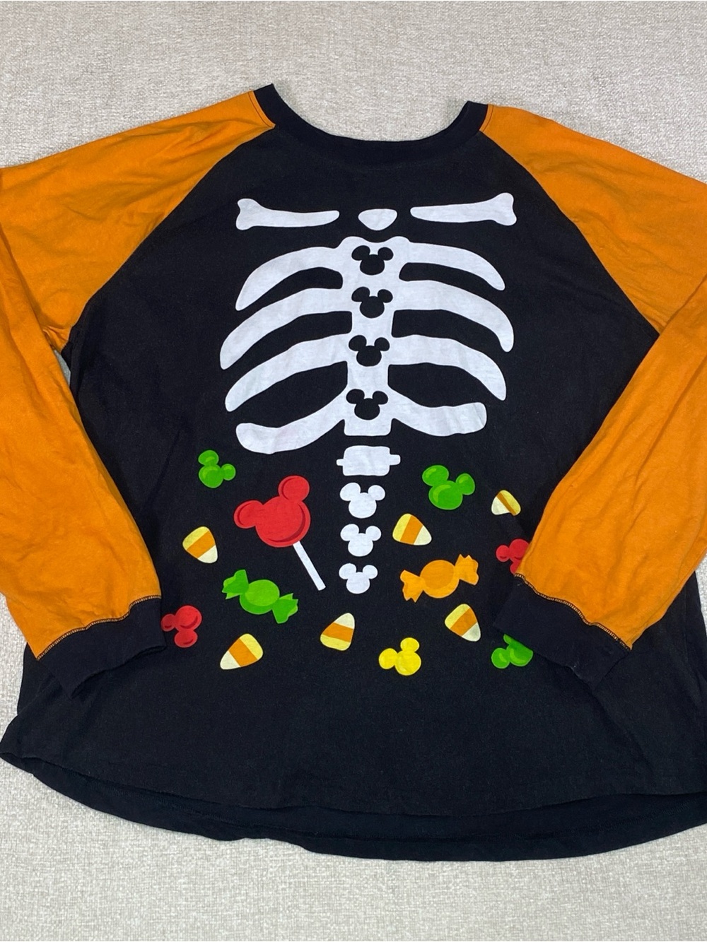 Disney Parks Halloween Mickey Skeleton Candy Raglan Long Sleeve Shirt 2XL